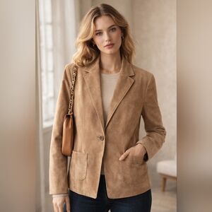 Alfani Tan Suede Leather Blazer Jacket Womens Medium Classic Tailored